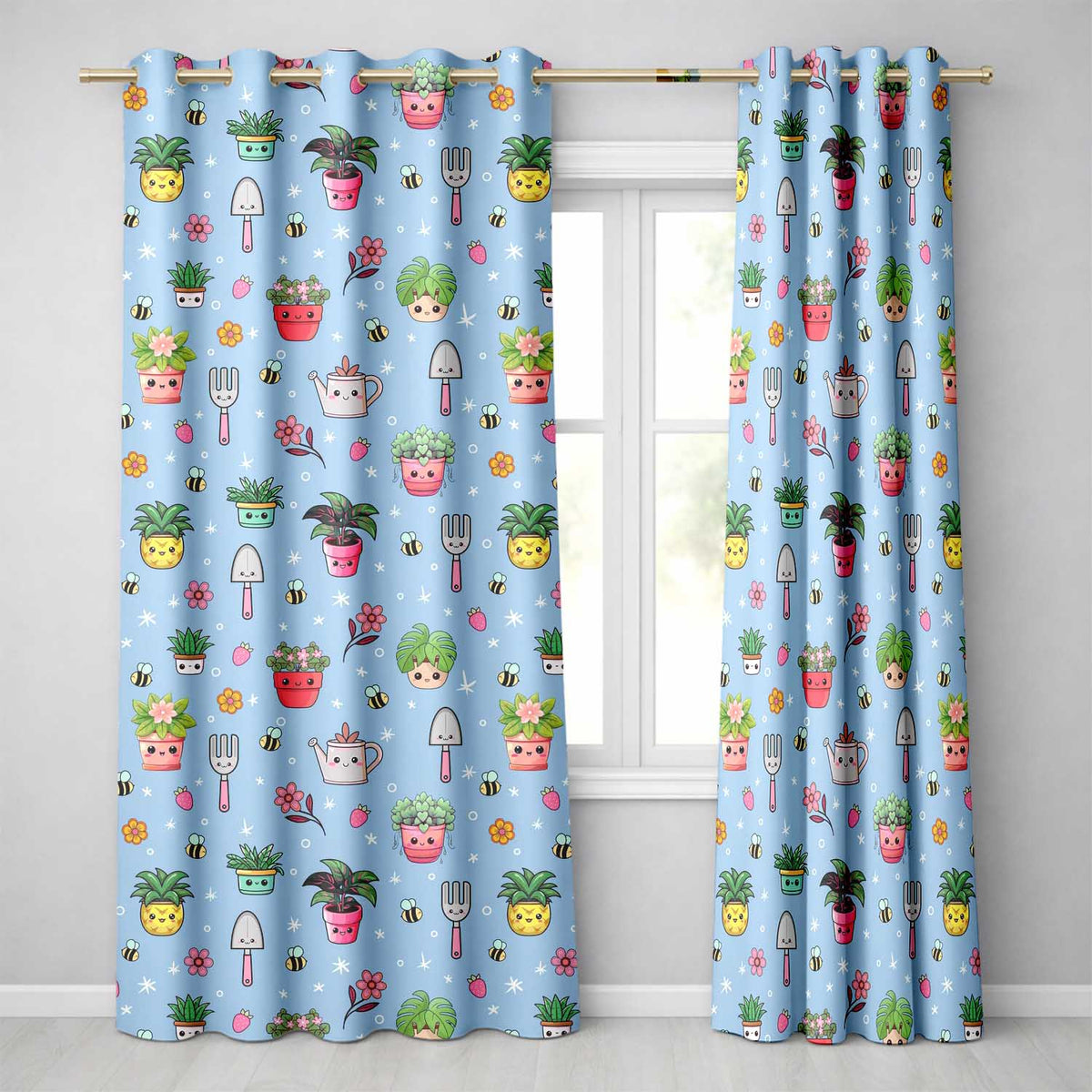 Cute Kawaii Garden Tools Plants Bees Seamless Pattern Blue Floral Background Readymade Eyelet Ring Top Thermal 100% Blackout Curtains