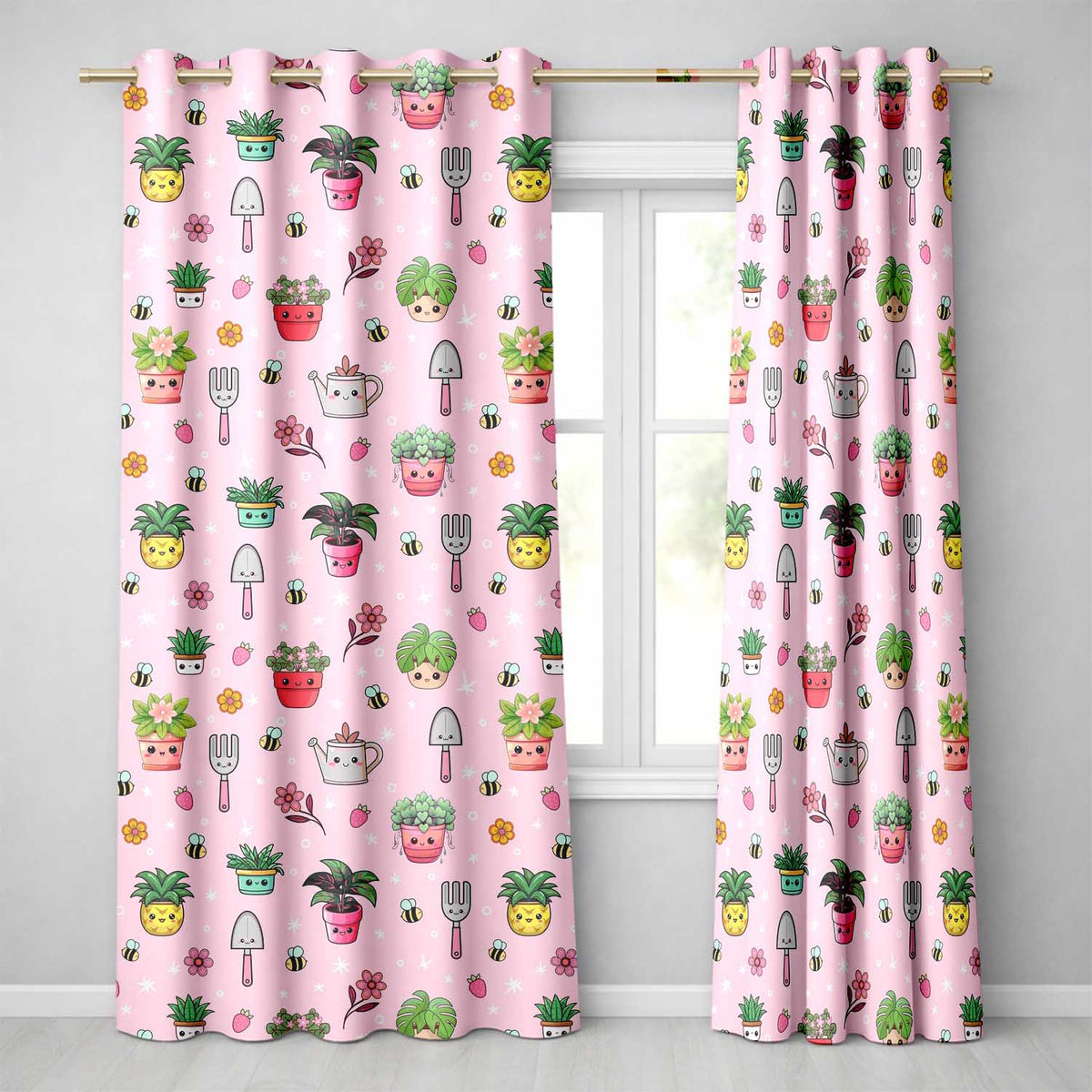 Cute Kawaii Garden Tools Plants Bees Seamless Pattern Pink Floral Background Readymade Eyelet Ring Top Thermal 100% Blackout Curtains