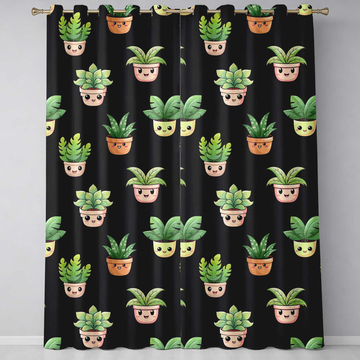 Cute Kawaii Cute Plant Pots Leaves Seamless Pattern Black Background Readymade Eyelet Ring Top Thermal 100% Blackout Curtains