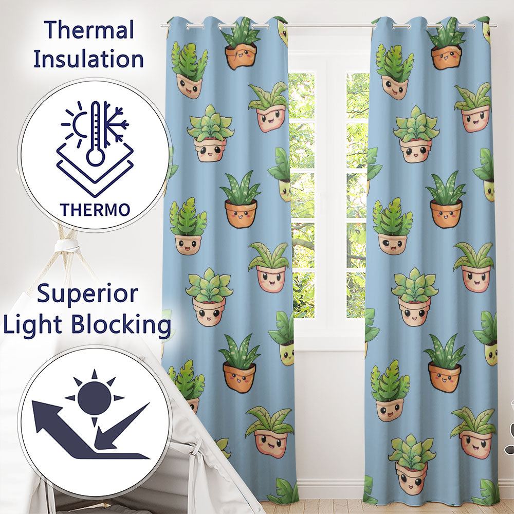 Cute Kawaii Cute Plant Pots Leaves Seamless Pattern Blue Background Readymade Eyelet Ring Top Thermal 100% Blackout Curtains