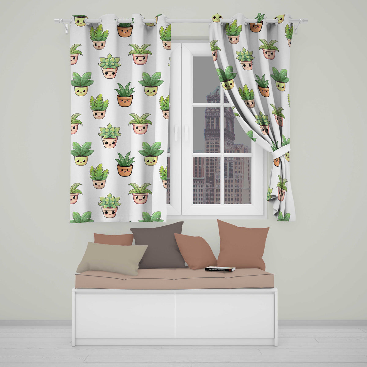Cute Kawaii Smiling Plant Pots Leaves Seamless Pattern Cream Background Readymade Eyelet Ring Top Thermal 100% Blackout Curtains