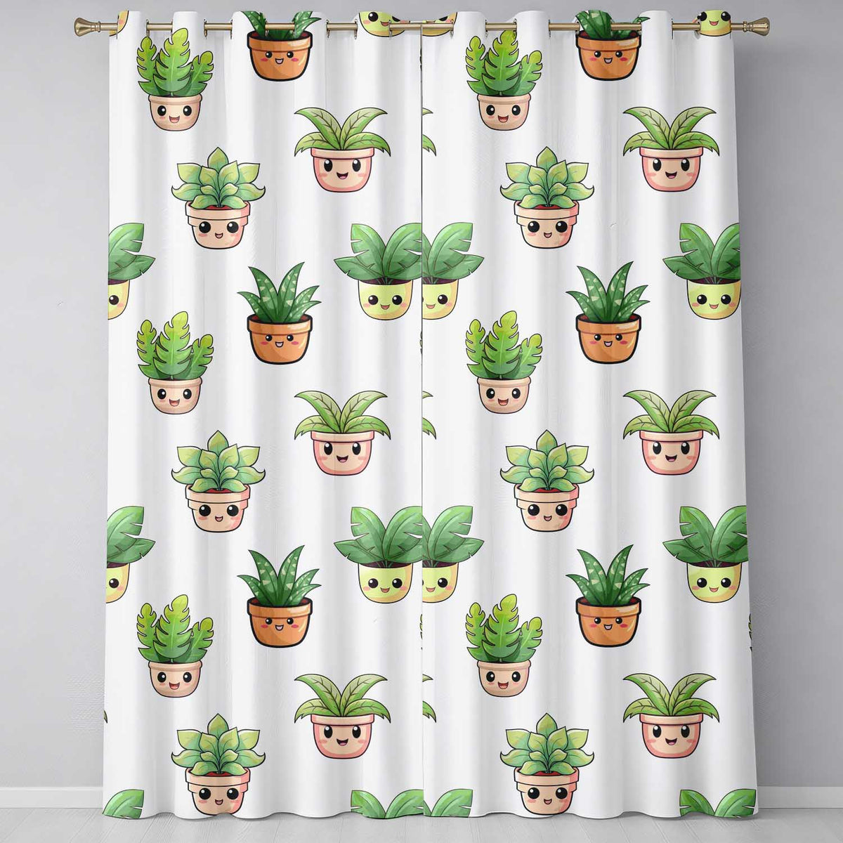 Cute Kawaii Smiling Plant Pots Leaves Seamless Pattern Cream Background Readymade Eyelet Ring Top Thermal 100% Blackout Curtains