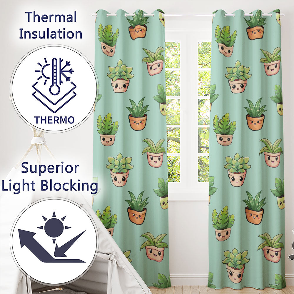 Cute Kawaii Smiling Plant Pots Leaves Seamless Pattern Mint Background Readymade Eyelet Ring Top Thermal 100% Blackout Curtains
