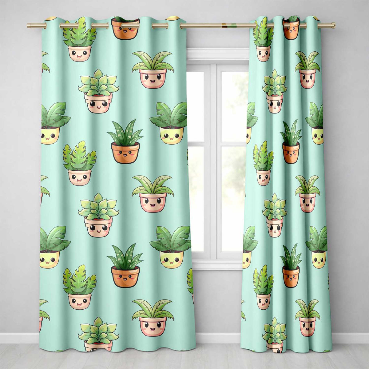 Cute Kawaii Smiling Plant Pots Leaves Seamless Pattern Mint Background Readymade Eyelet Ring Top Thermal 100% Blackout Curtains