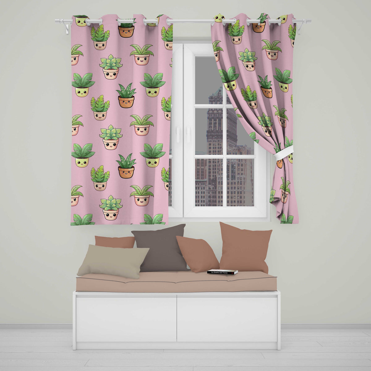 Cute Kawaii Smiling Plant Pots Leaves Seamless Pattern Pink Background Readymade Eyelet Ring Top Thermal 100% Blackout Curtains