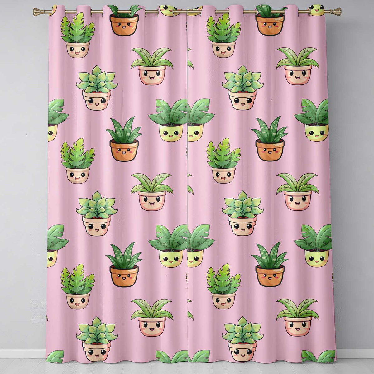 Cute Kawaii Smiling Plant Pots Leaves Seamless Pattern Pink Background Readymade Eyelet Ring Top Thermal 100% Blackout Curtains