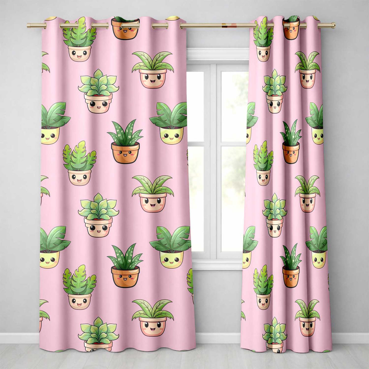 Cute Kawaii Smiling Plant Pots Leaves Seamless Pattern Pink Background Readymade Eyelet Ring Top Thermal 100% Blackout Curtains