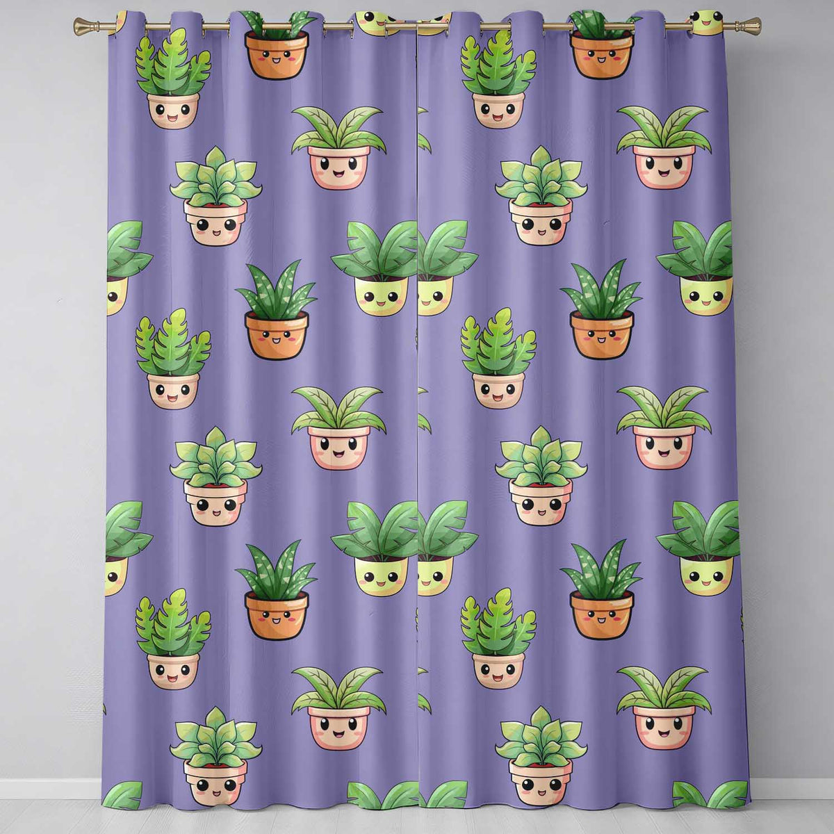 Cute Kawaii Smiling Plant Pots Leaves Seamless Pattern Purple Background Readymade Eyelet Ring Top Thermal 100% Blackout Curtains