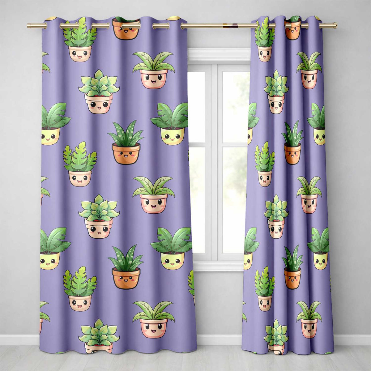 Cute Kawaii Smiling Plant Pots Leaves Seamless Pattern Purple Background Readymade Eyelet Ring Top Thermal 100% Blackout Curtains