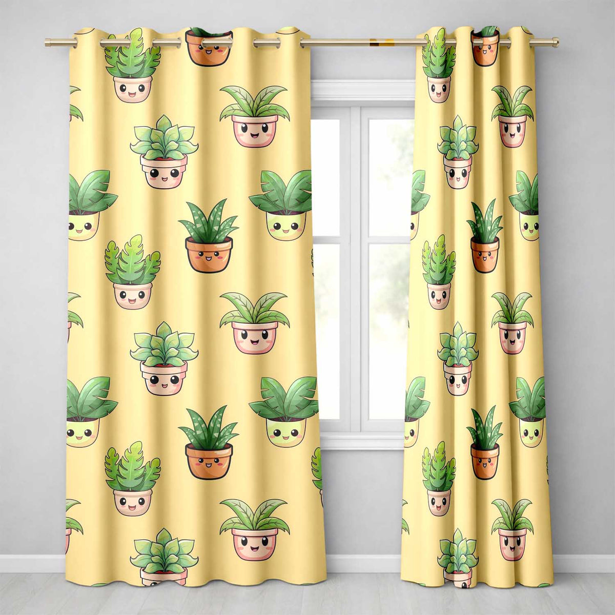 Cute Kawaii Smiling Plant Pots Leaves Seamless Pattern Yellow Background Readymade Eyelet Ring Top Thermal 100% Blackout Curtains