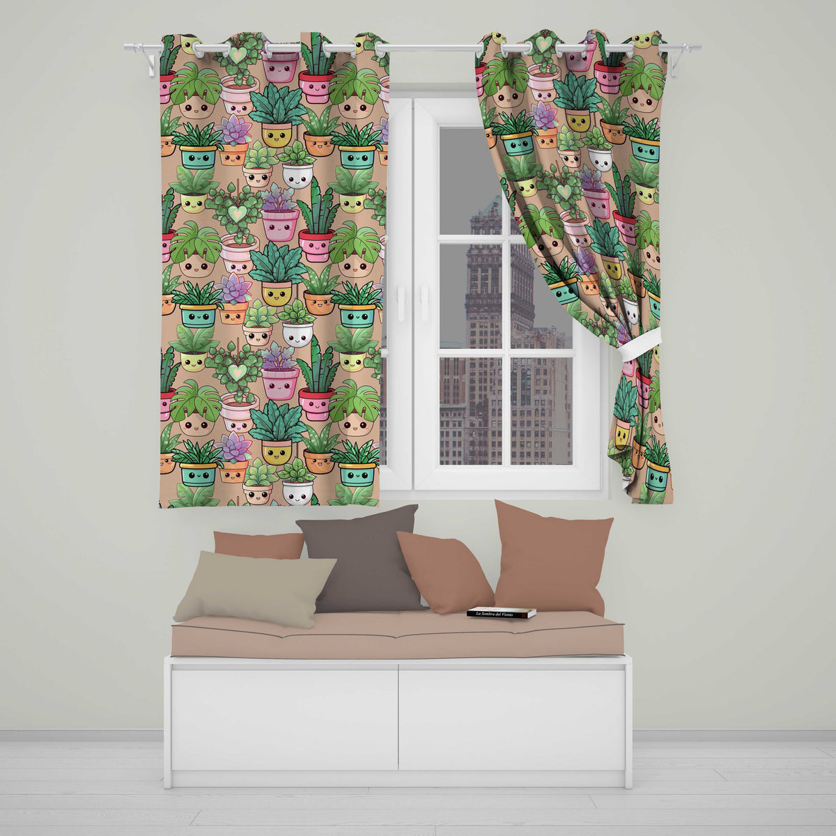 Cute Kawaii Smiling Plant Pots Succulents Leaves Pattern Peach Background Readymade Eyelet Ring Top Thermal 100% Blackout Curtains