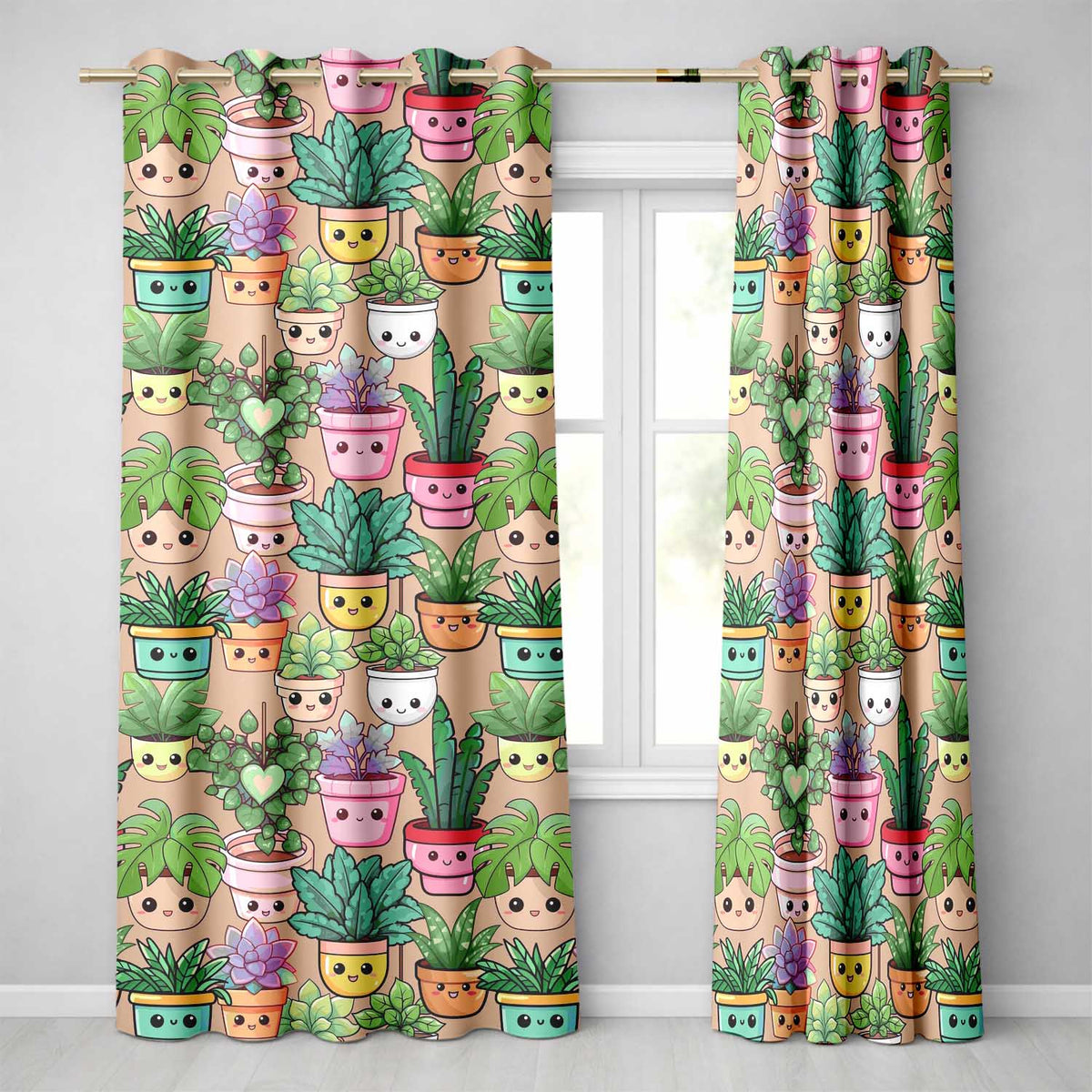 Cute Kawaii Smiling Plant Pots Succulents Leaves Pattern Peach Background Readymade Eyelet Ring Top Thermal 100% Blackout Curtains