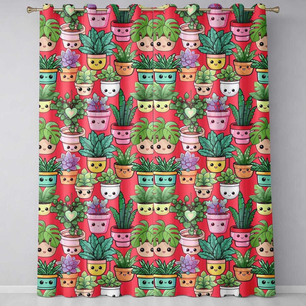 Cute Kawaii Smiling Plant Pots Succulents Leaves Pattern Red Background Readymade Eyelet Ring Top Thermal 100% Blackout Curtains