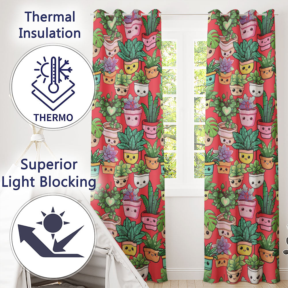 Cute Kawaii Smiling Plant Pots Succulents Leaves Pattern Red Background Readymade Eyelet Ring Top Thermal 100% Blackout Curtains