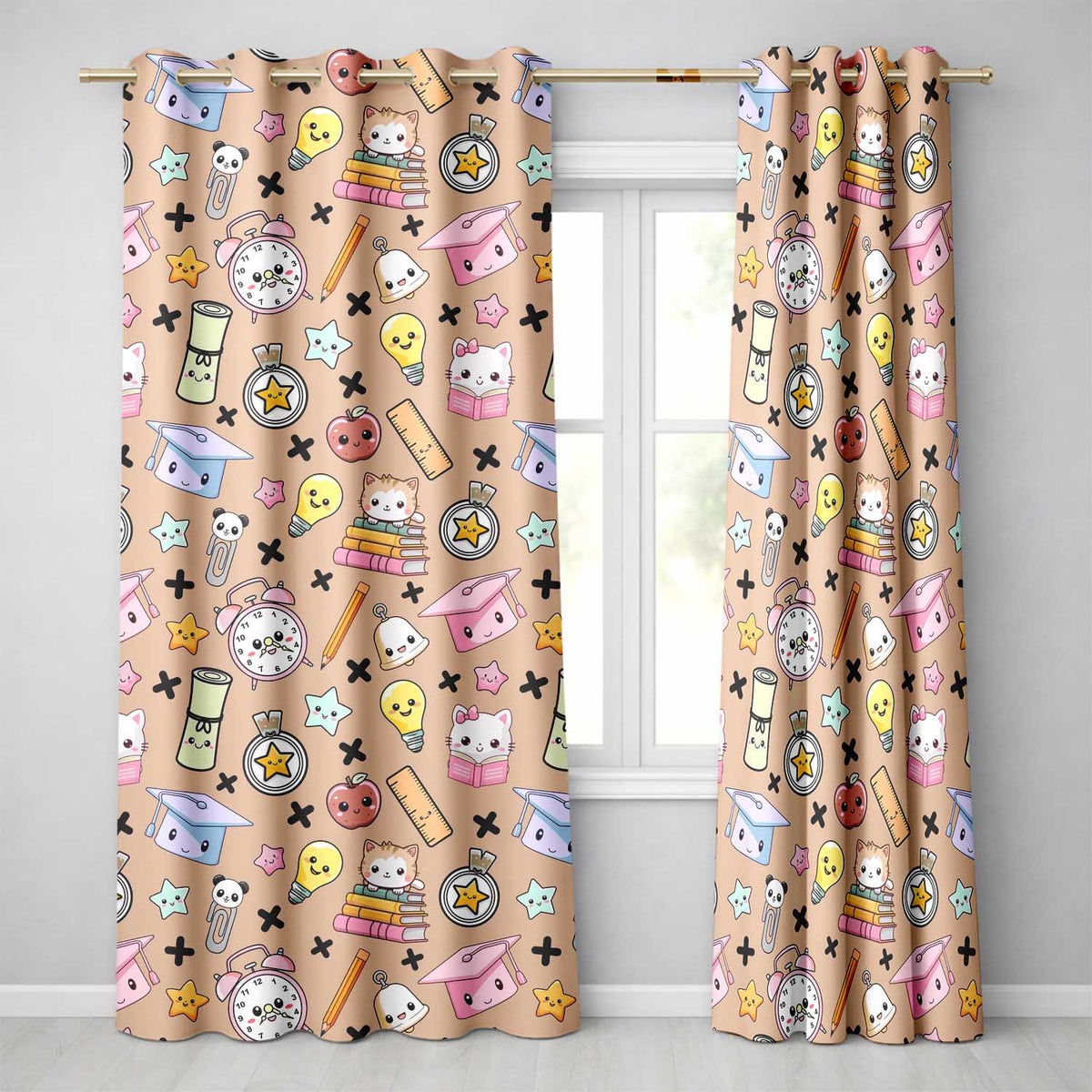 Cute Kawaii School Cat Books Apple Clock Supplies Pattern Peach Background Readymade Eyelet Ring Top Thermal 100% Blackout Curtains