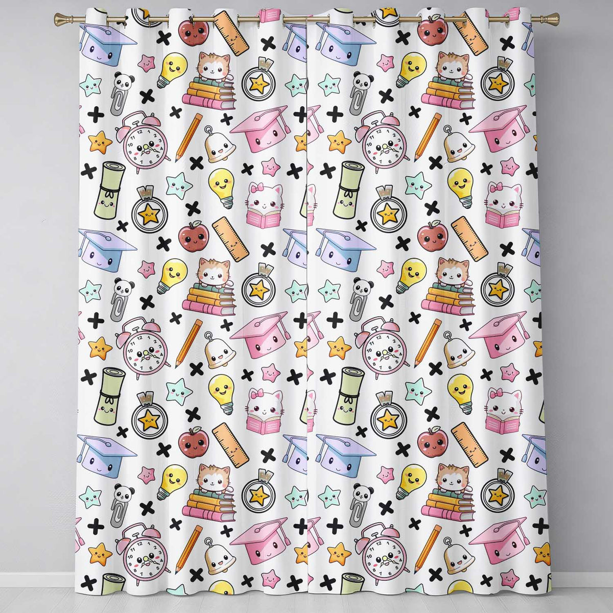 Cute Kawaii School Cat Books Apple Clock Supplies Pattern Cream Background Readymade Eyelet Ring Top Thermal 100% Blackout Curtains