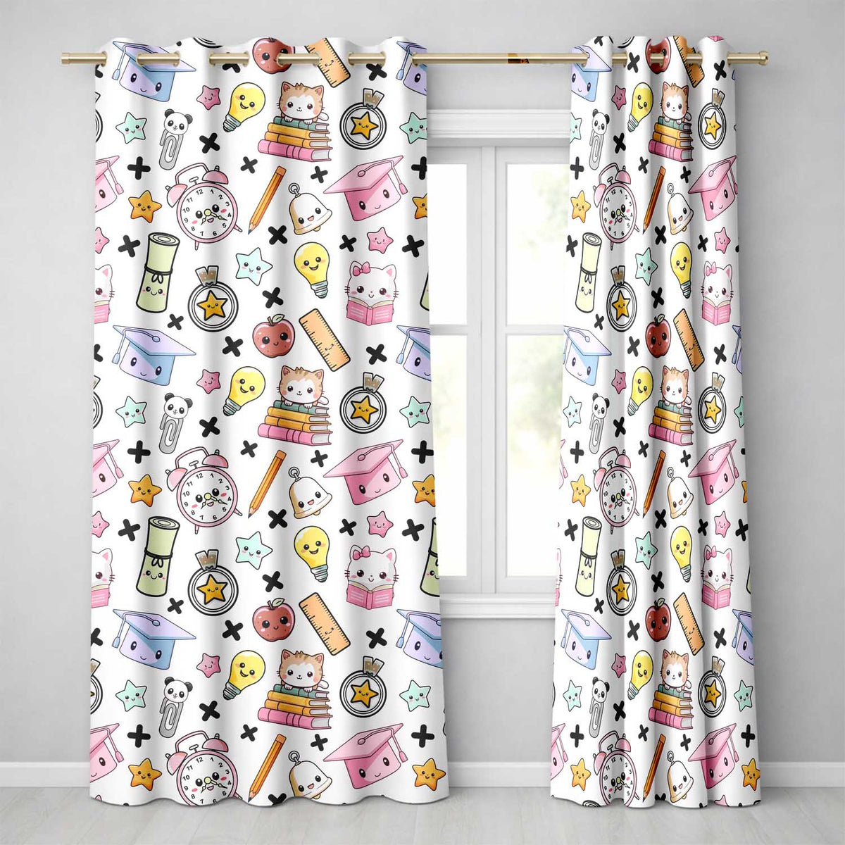 Cute Kawaii School Cat Books Apple Clock Supplies Pattern Cream Background Readymade Eyelet Ring Top Thermal 100% Blackout Curtains