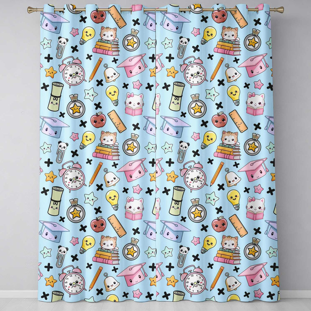 Cute Kawaii School Cat Books Apple Clock Supplies Pattern Blue Background Readymade Eyelet Ring Top Thermal 100% Blackout Curtains