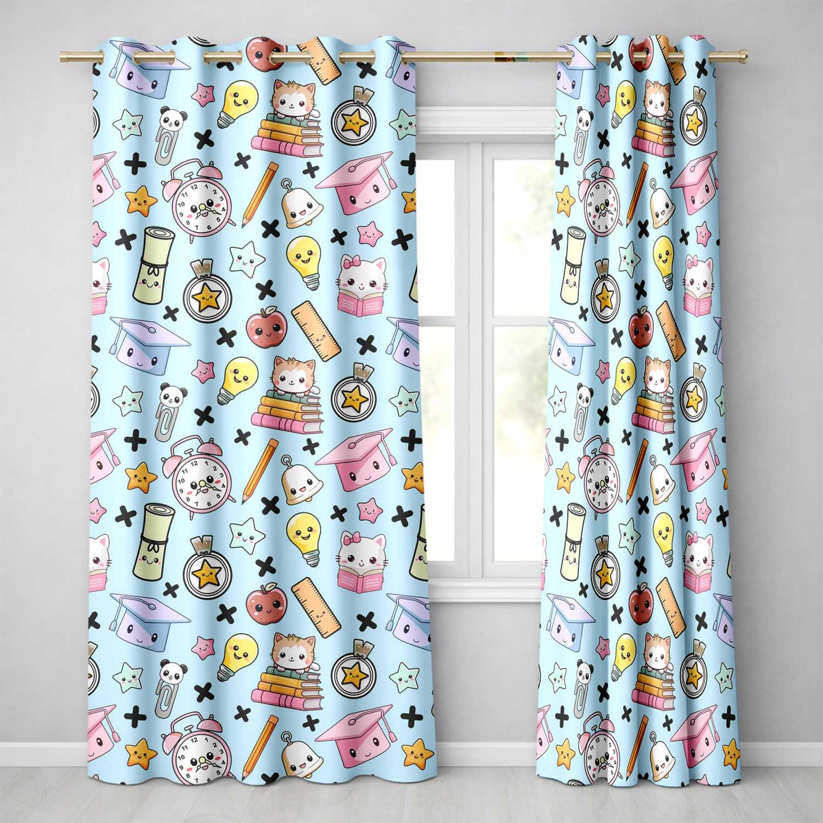 Cute Kawaii School Cat Books Apple Clock Supplies Pattern Blue Background Readymade Eyelet Ring Top Thermal 100% Blackout Curtains
