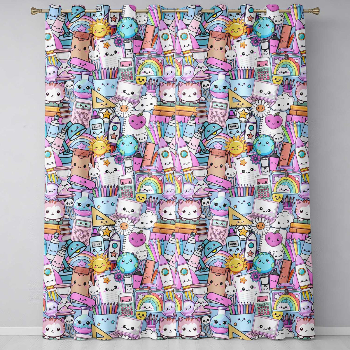 Cute Kawaii School Supplies Science Art Cute Pattern Blue Background Readymade Eyelet Ring Top Thermal 100% Blackout Curtains