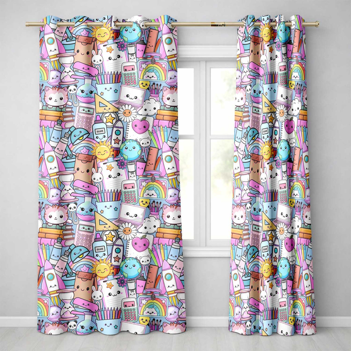 Cute Kawaii School Supplies Science Art Cute Pattern Blue Background Readymade Eyelet Ring Top Thermal 100% Blackout Curtains