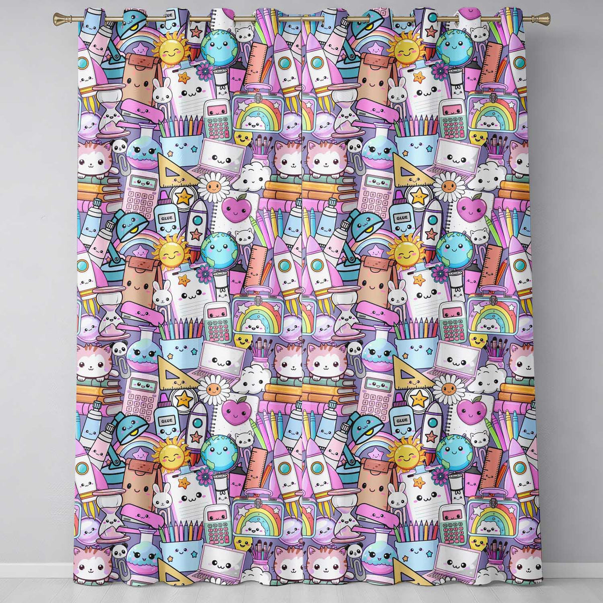 Cute Kawaii School Supplies Rainbow Sun Globe Notebook Purple Background Readymade Eyelet Ring Top Thermal 100% Blackout Curtains