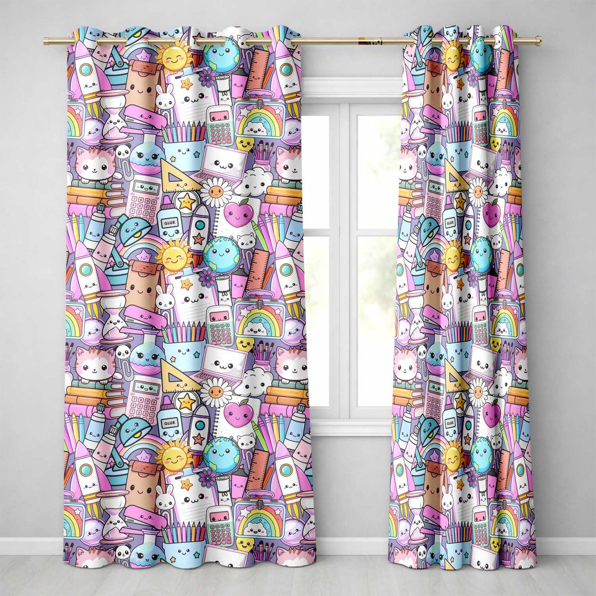 Cute Kawaii School Supplies Rainbow Sun Globe Notebook Purple Background Readymade Eyelet Ring Top Thermal 100% Blackout Curtains