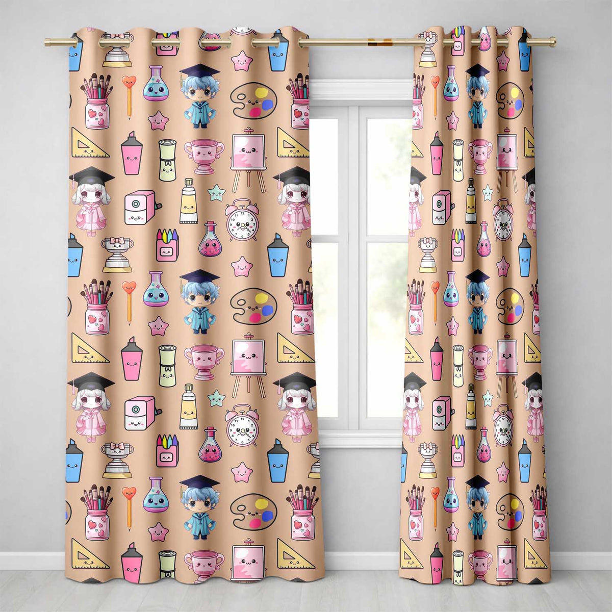 Cute Kawaii Graduate Boy Science Art Supplies Seamless Pattern Peach Background Readymade Eyelet Ring Top Thermal 100% Blackout Curtains