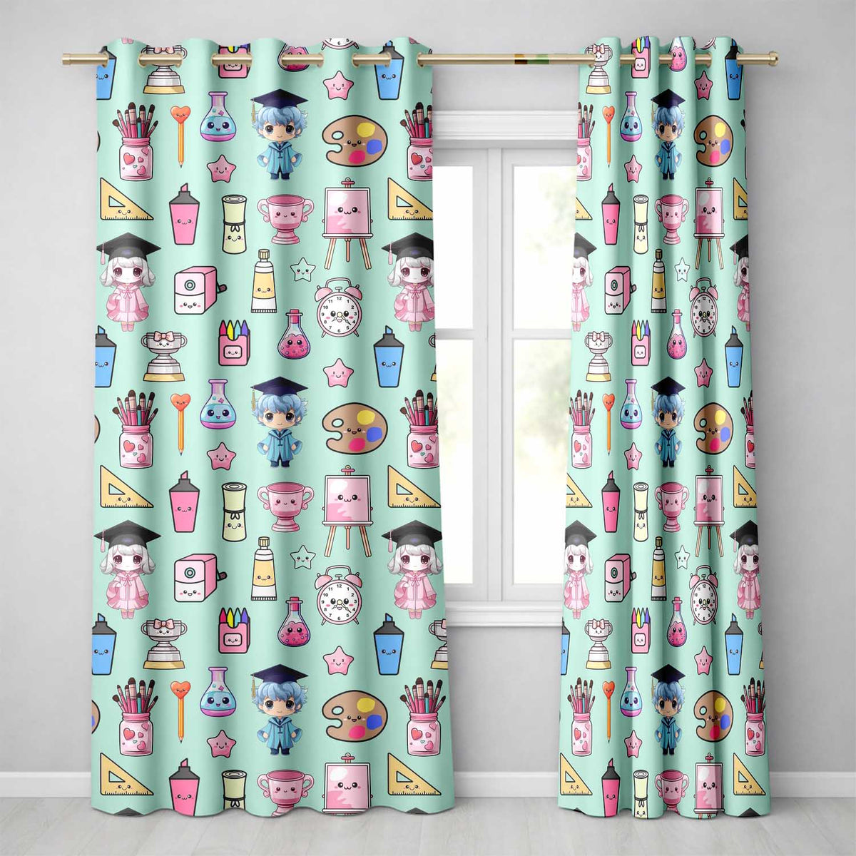 Cute Kawaii Graduate Boy Science Art Supplies Seamless Pattern Mint Background Readymade Eyelet Ring Top Thermal 100% Blackout Curtains