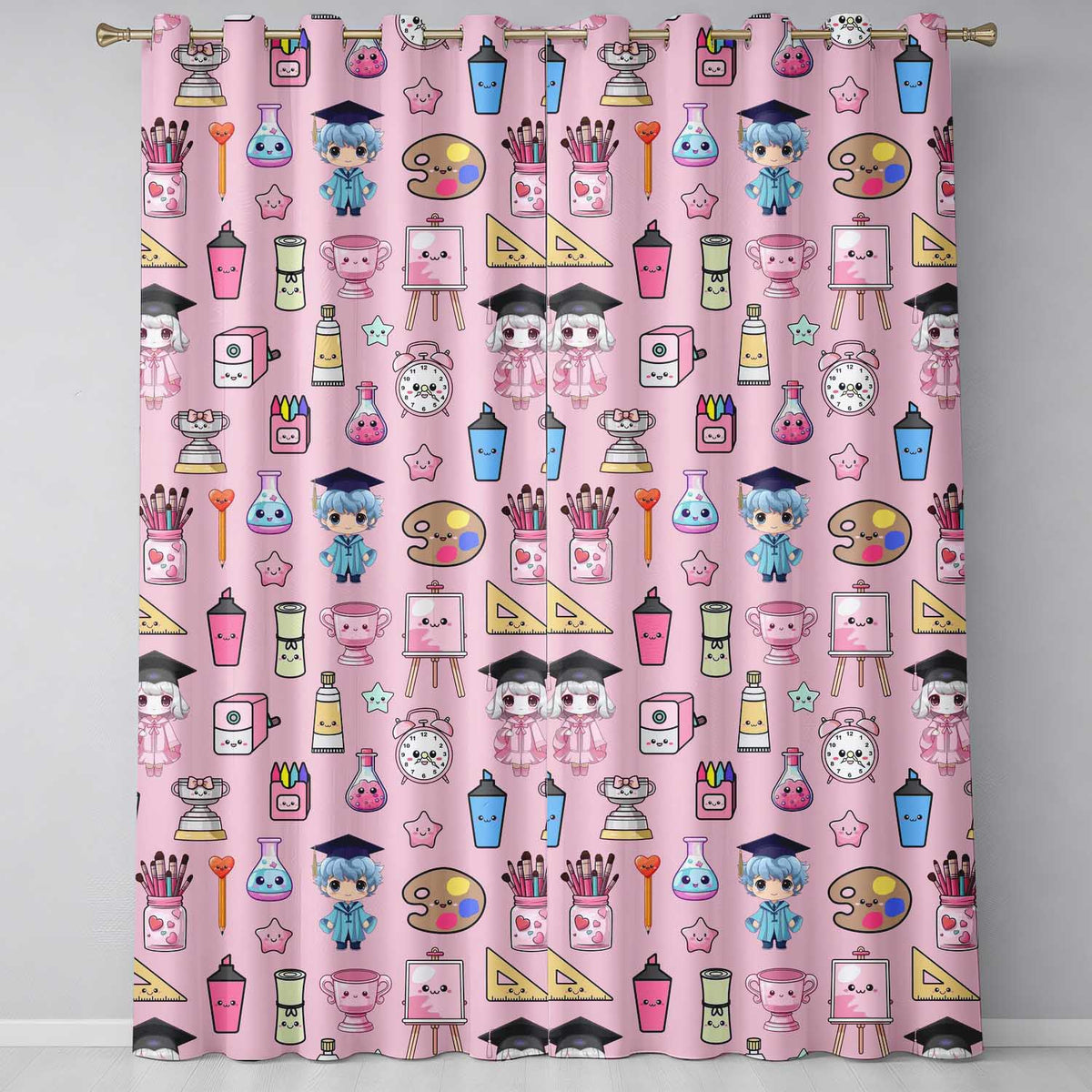Cute Kawaii Graduation School Science Art Supplies Pattern Pink Background Readymade Eyelet Ring Top Thermal 100% Blackout Curtains