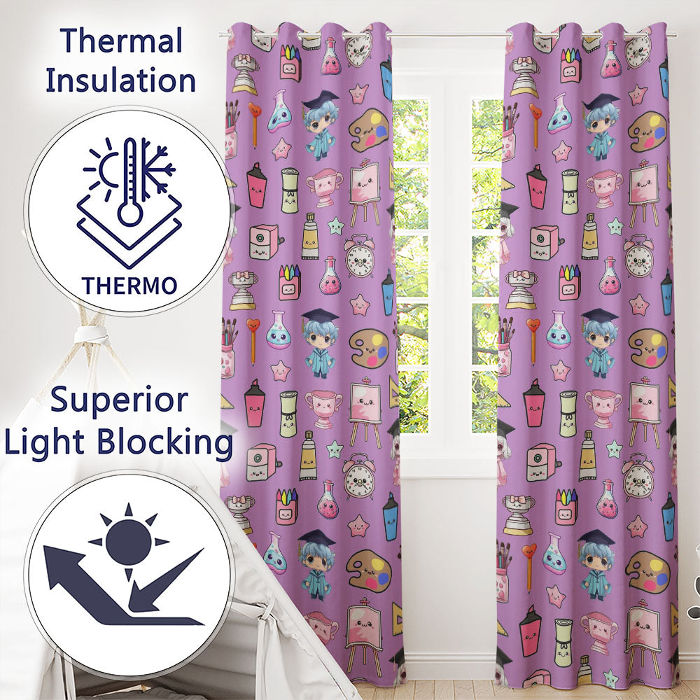 Cute Kawaii Graduation School Science Art Supplies Pattern Purple Background Readymade Eyelet Ring Top Thermal 100% Blackout Curtains