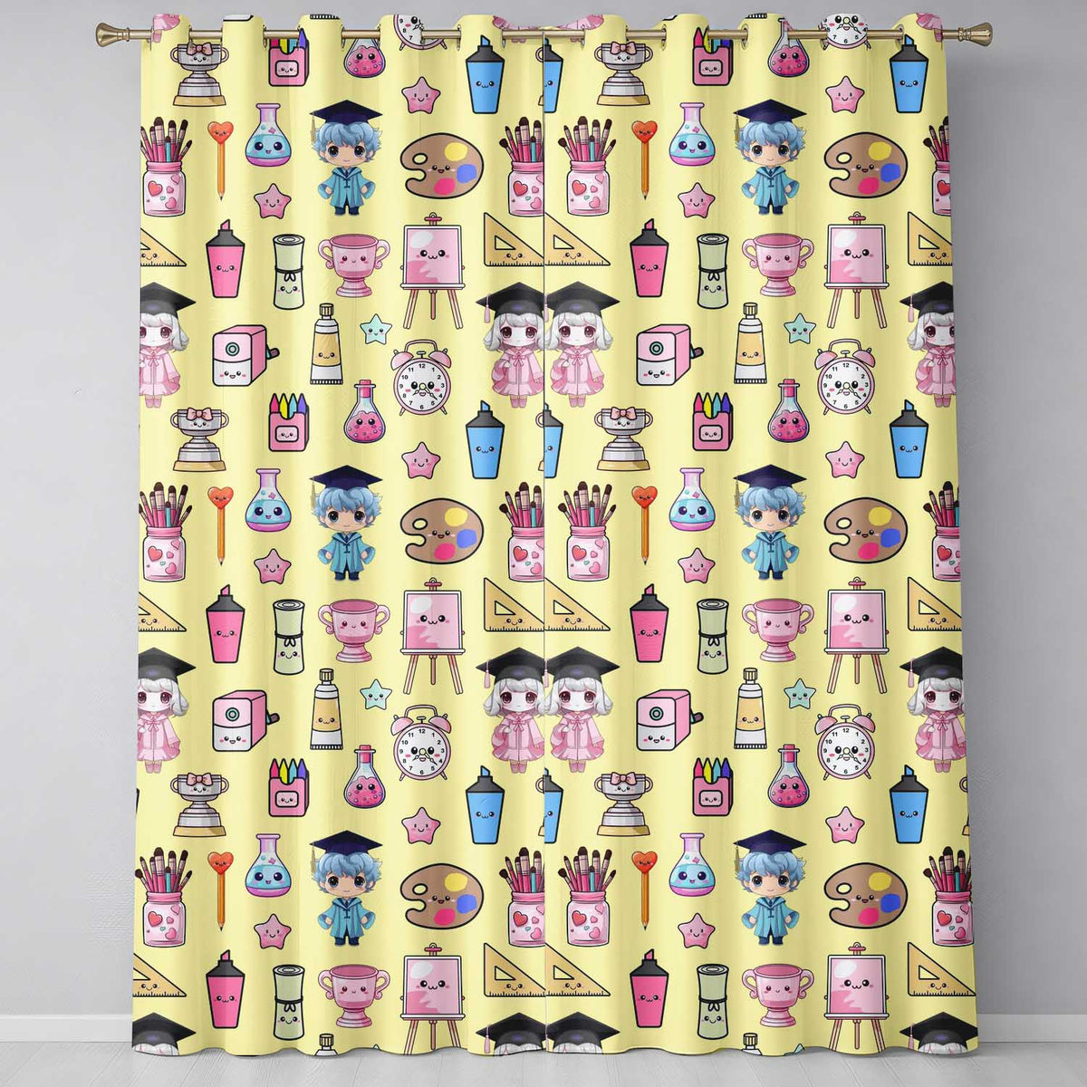 Cute Kawaii Graduation School Science Art Supplies Pattern Yellow Background Readymade Eyelet Ring Top Thermal 100% Blackout Curtains