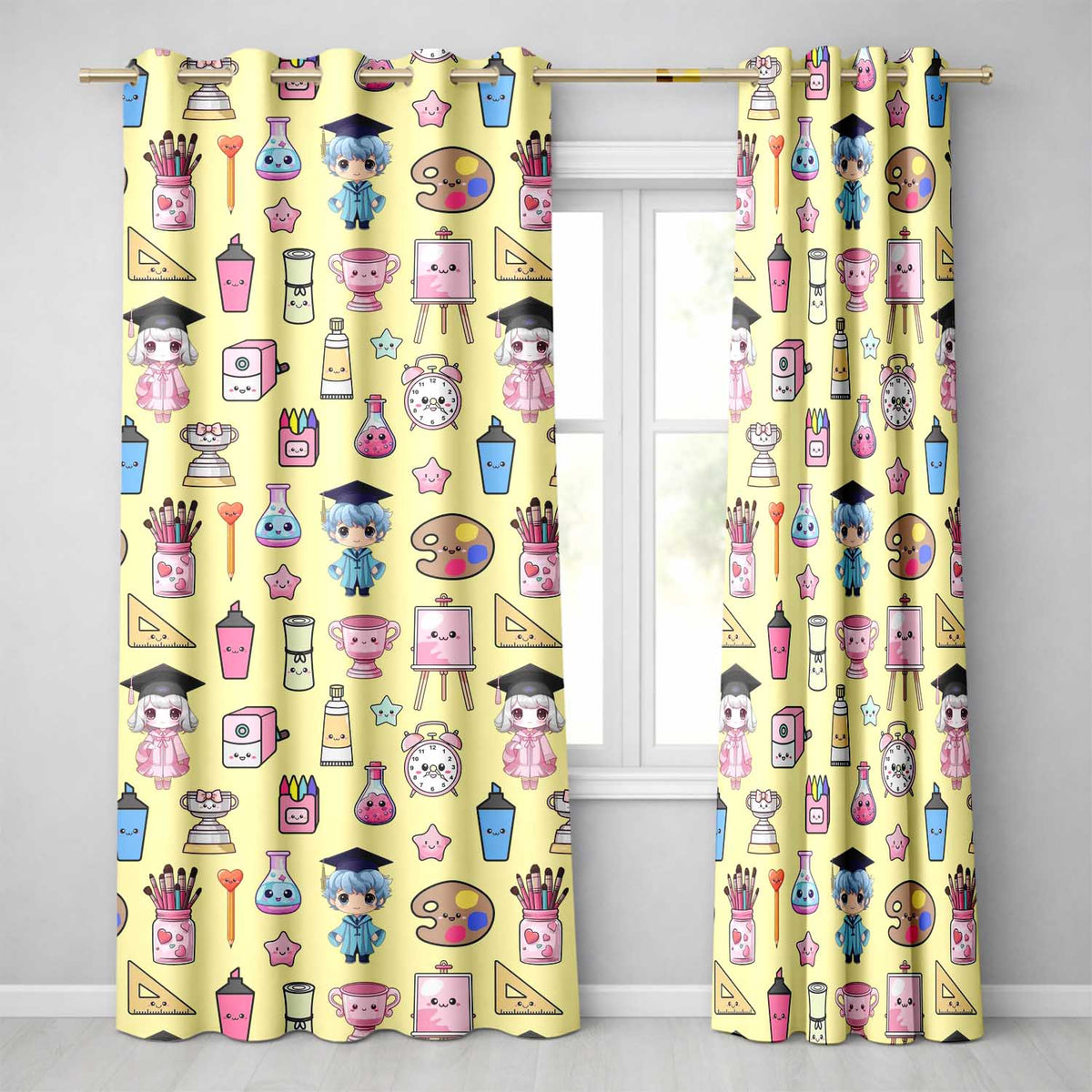 Cute Kawaii Graduation School Science Art Supplies Pattern Yellow Background Readymade Eyelet Ring Top Thermal 100% Blackout Curtains