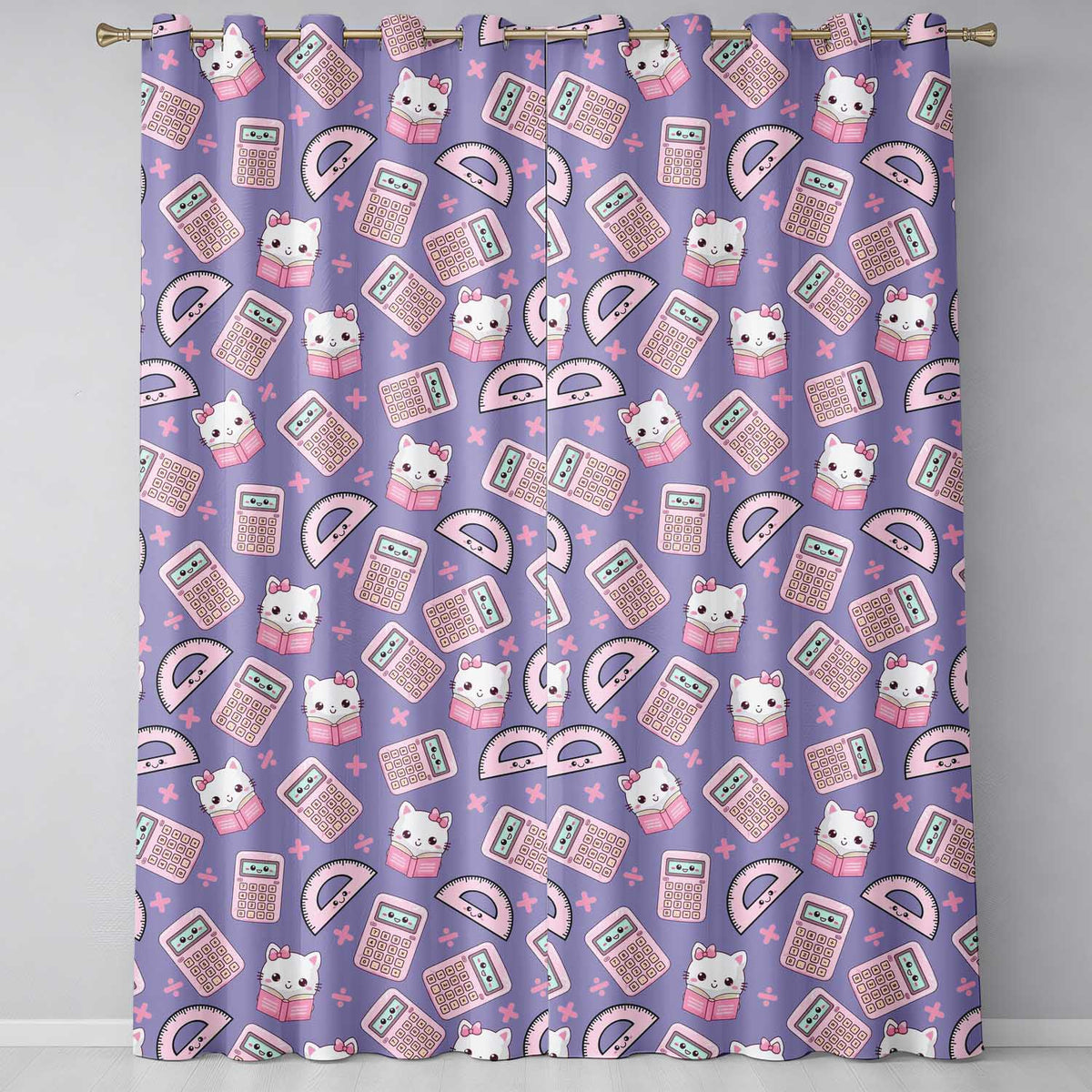 Cute Kawaii Maths Cat Calculator Ruler Seamless Pattern Purple Background Readymade Eyelet Ring Top Thermal 100% Blackout Curtains