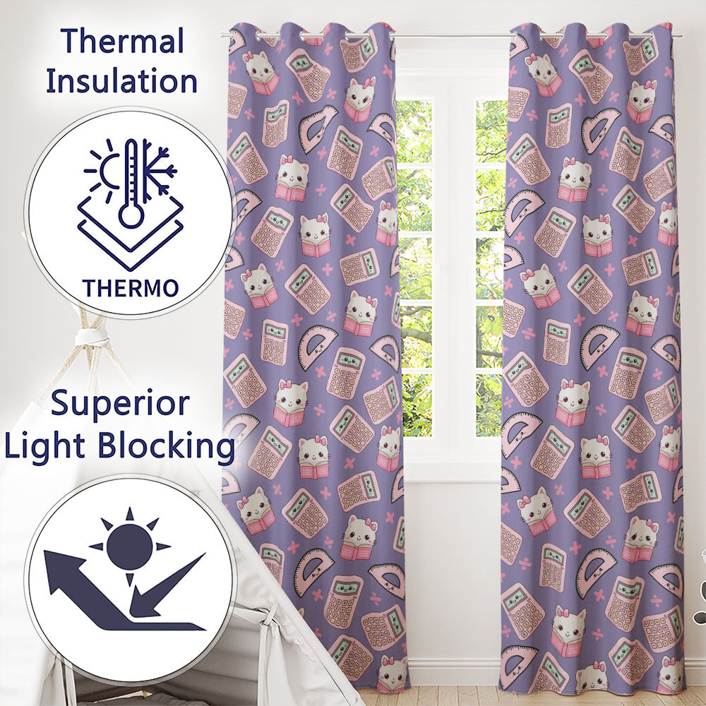 Cute Kawaii Maths Cat Calculator Ruler Seamless Pattern Purple Background Readymade Eyelet Ring Top Thermal 100% Blackout Curtains