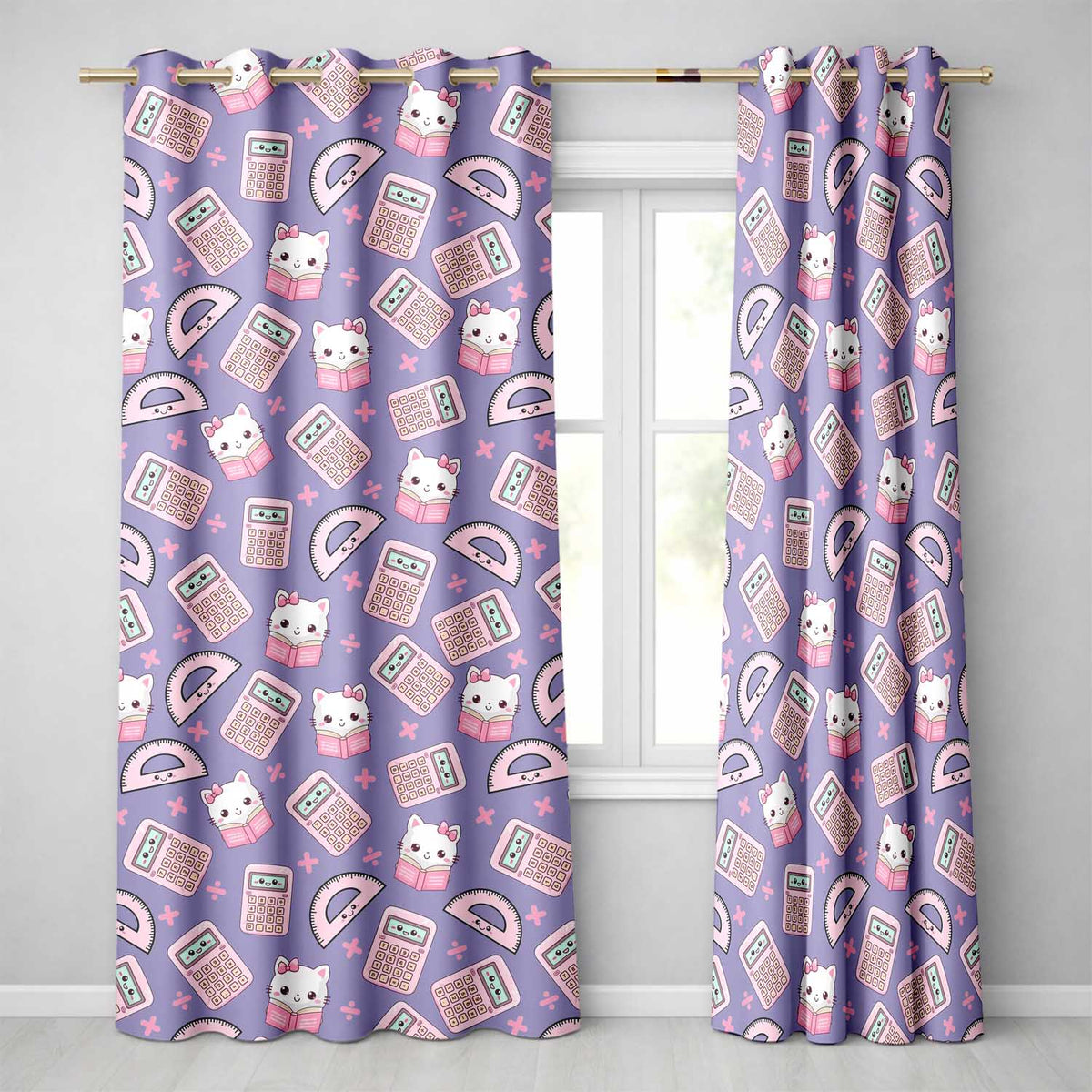 Cute Kawaii Maths Cat Calculator Ruler Seamless Pattern Purple Background Readymade Eyelet Ring Top Thermal 100% Blackout Curtains