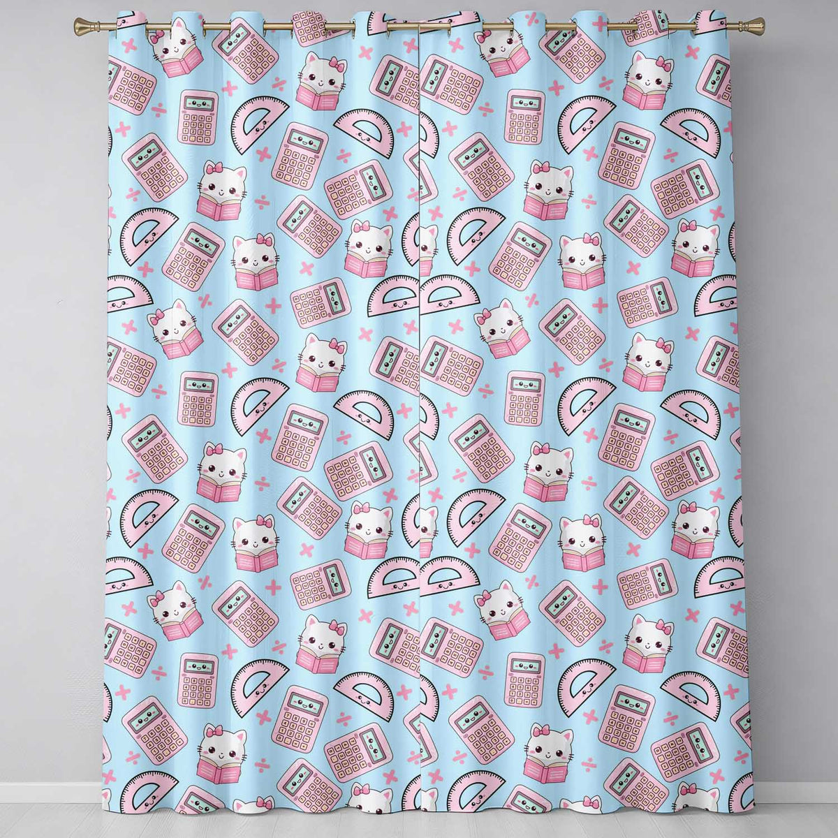 Cute Kawaii Maths Cat Calculator Ruler Seamless Pattern Blue Background Readymade Eyelet Ring Top Thermal 100% Blackout Curtains