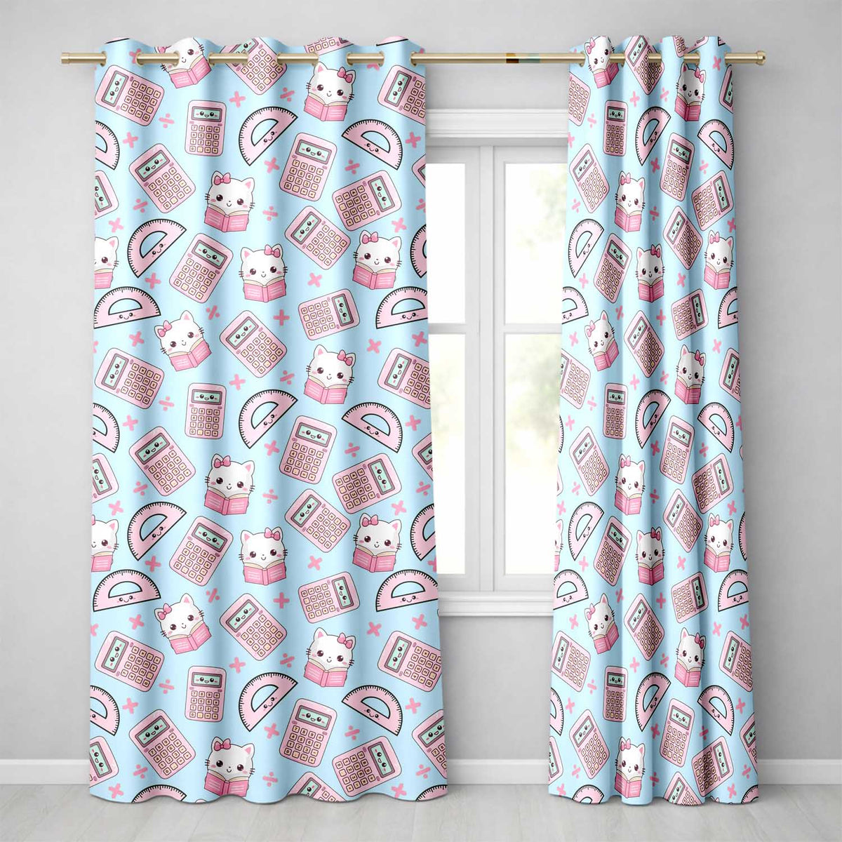 Cute Kawaii Maths Cat Calculator Ruler Seamless Pattern Blue Background Readymade Eyelet Ring Top Thermal 100% Blackout Curtains