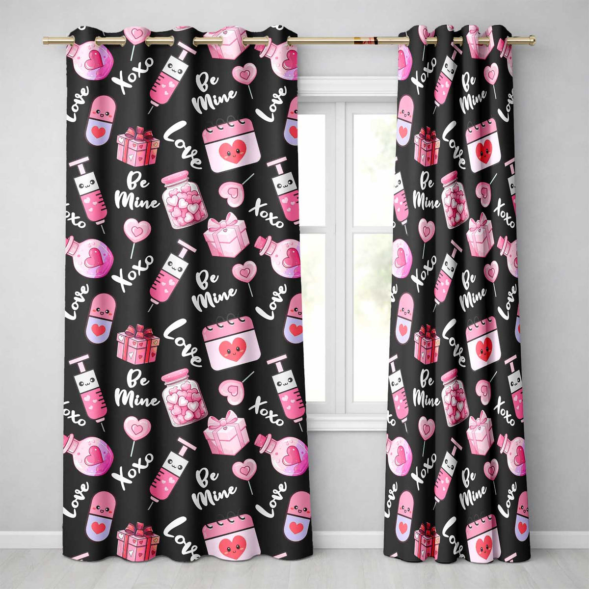 Cute Kawaii Valentine Love Hearts Syringe Gift Calendar Black Background Readymade Eyelet Ring Top Thermal 100% Blackout Curtains