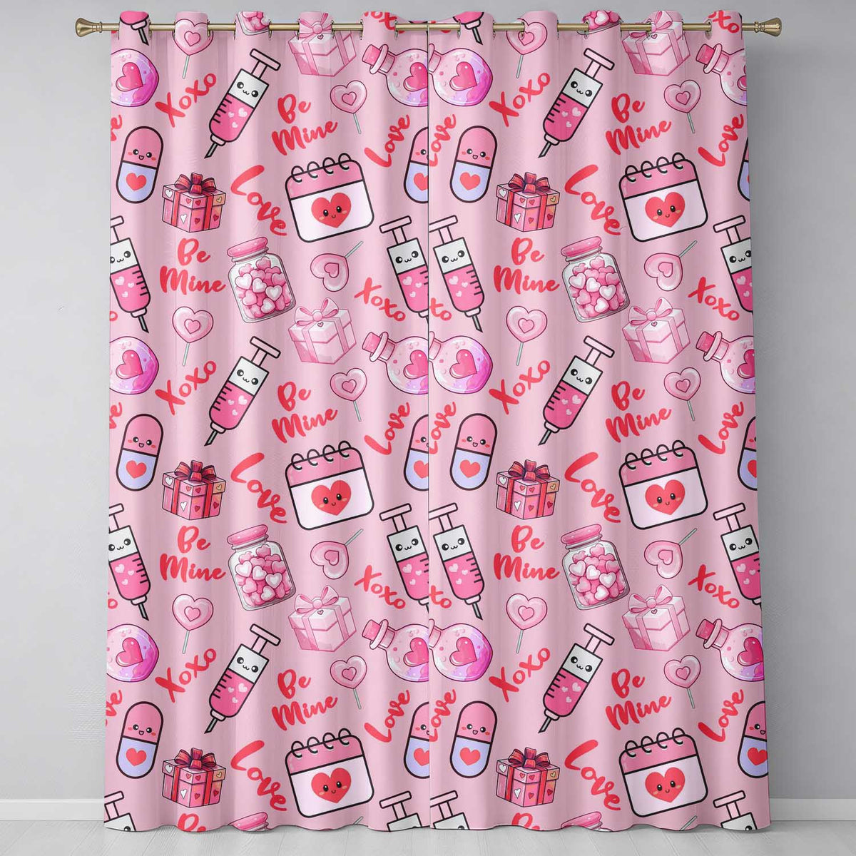 Cute Kawaii Valentine Love Hearts Syringe Gift Calendar Blush Pink Background Readymade Eyelet Ring Top Thermal 100% Blackout Curtains