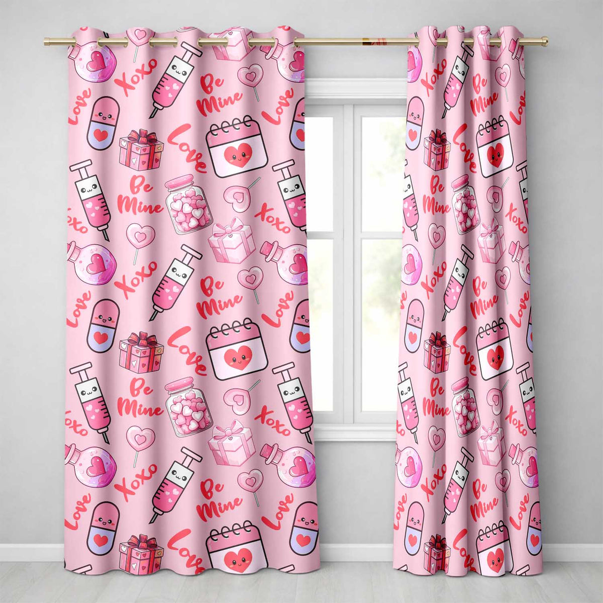 Cute Kawaii Valentine Love Hearts Syringe Gift Calendar Blush Pink Background Readymade Eyelet Ring Top Thermal 100% Blackout Curtains