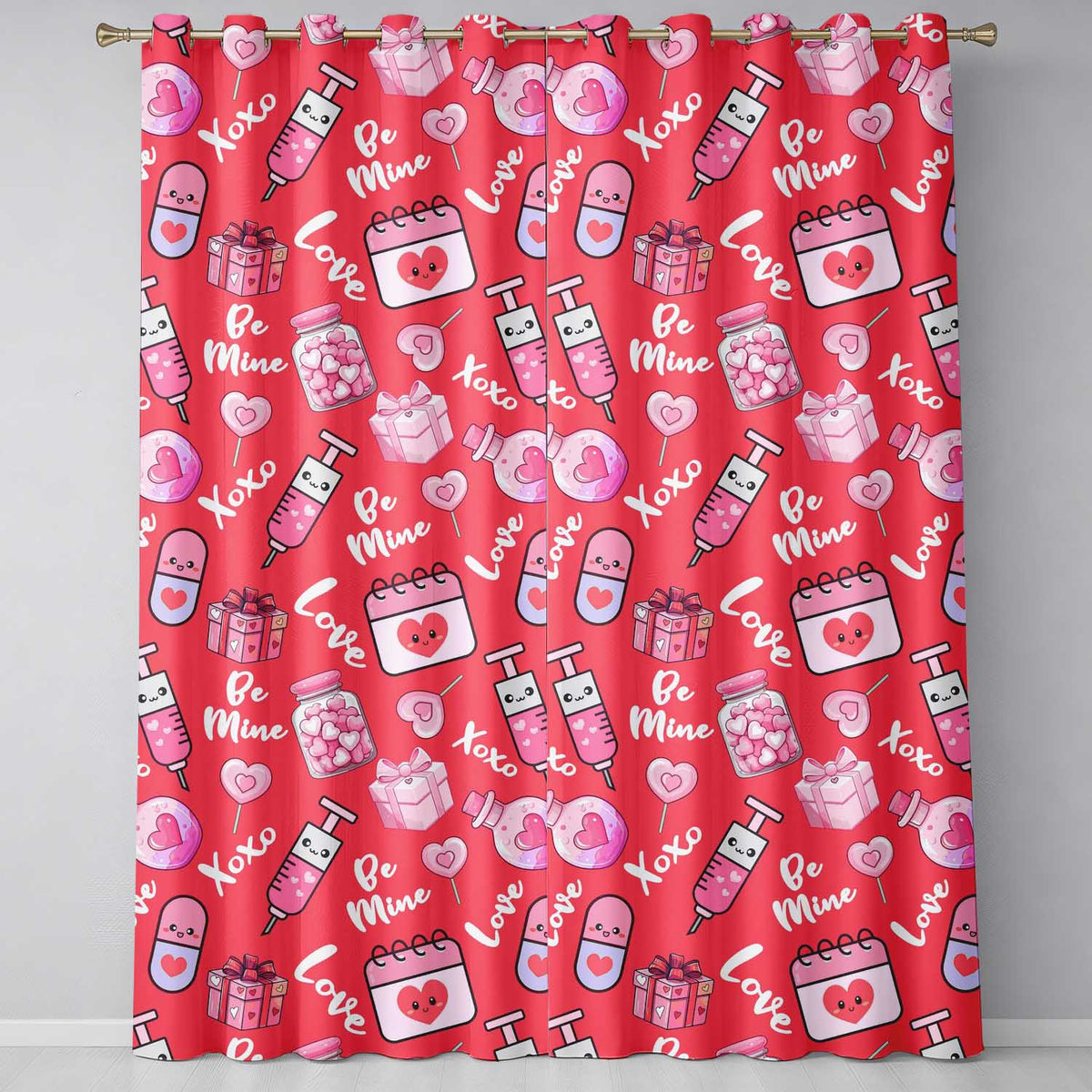 Cute Kawaii Valentine Love Hearts Syringe Gift Calendar Pattern Red Background Readymade Eyelet Ring Top Thermal 100% Blackout Curtains