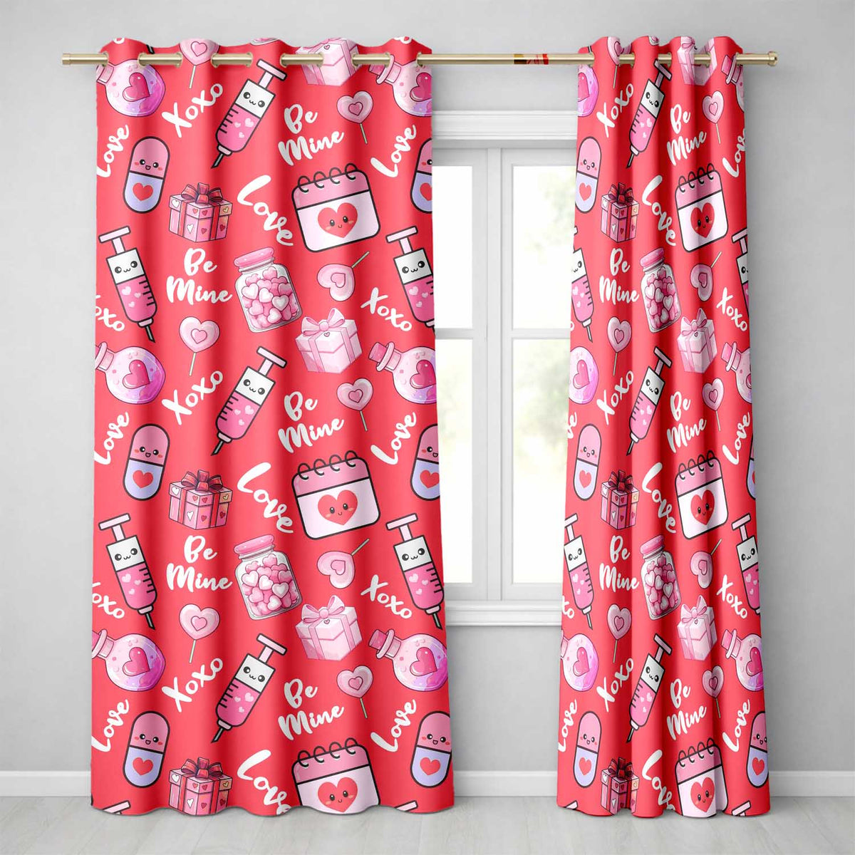 Cute Kawaii Valentine Love Hearts Syringe Gift Calendar Pattern Red Background Readymade Eyelet Ring Top Thermal 100% Blackout Curtains