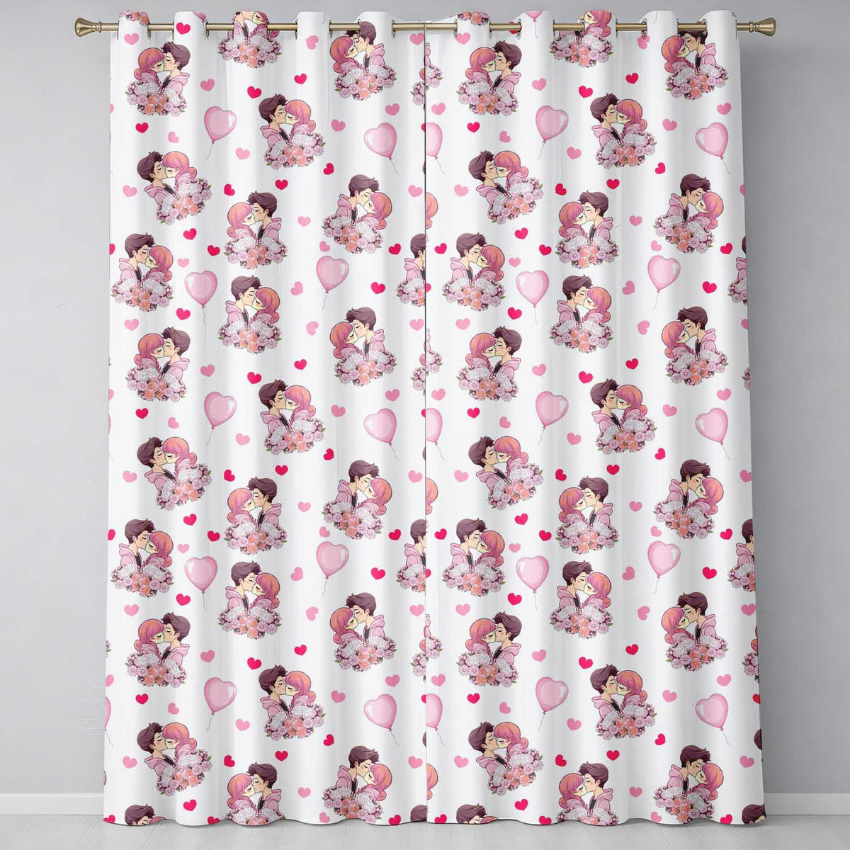 Romantic Couple Kissing Floral Bouquet Hearts Seamless Pattern Beige Background Readymade Eyelet Ring Top Thermal 100% Blackout Curtains