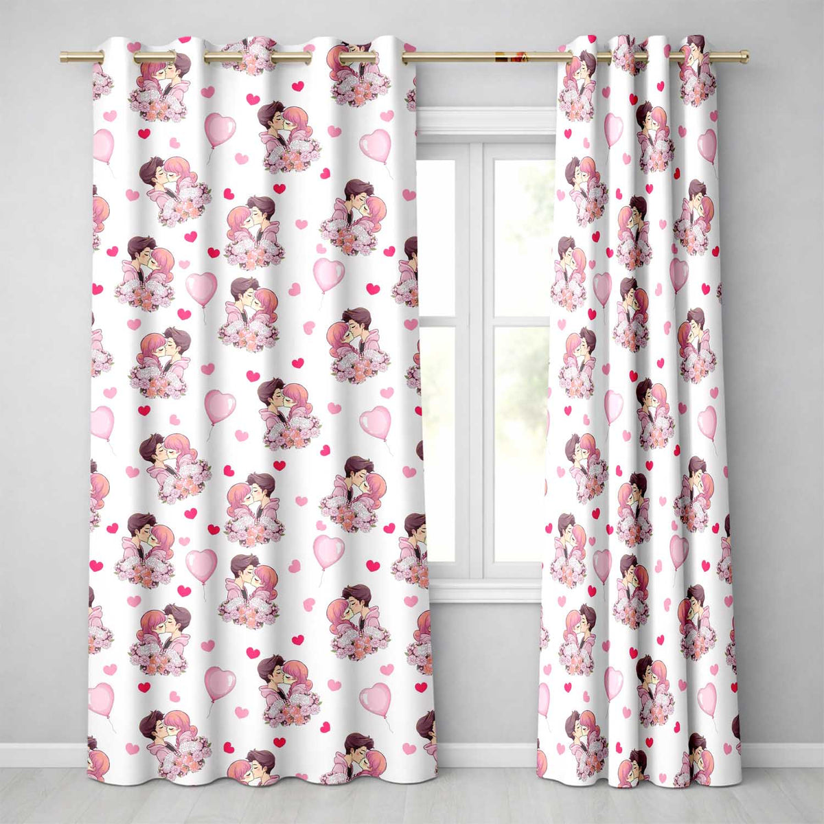 Romantic Couple Kissing Floral Bouquet Hearts Seamless Pattern Beige Background Readymade Eyelet Ring Top Thermal 100% Blackout Curtains