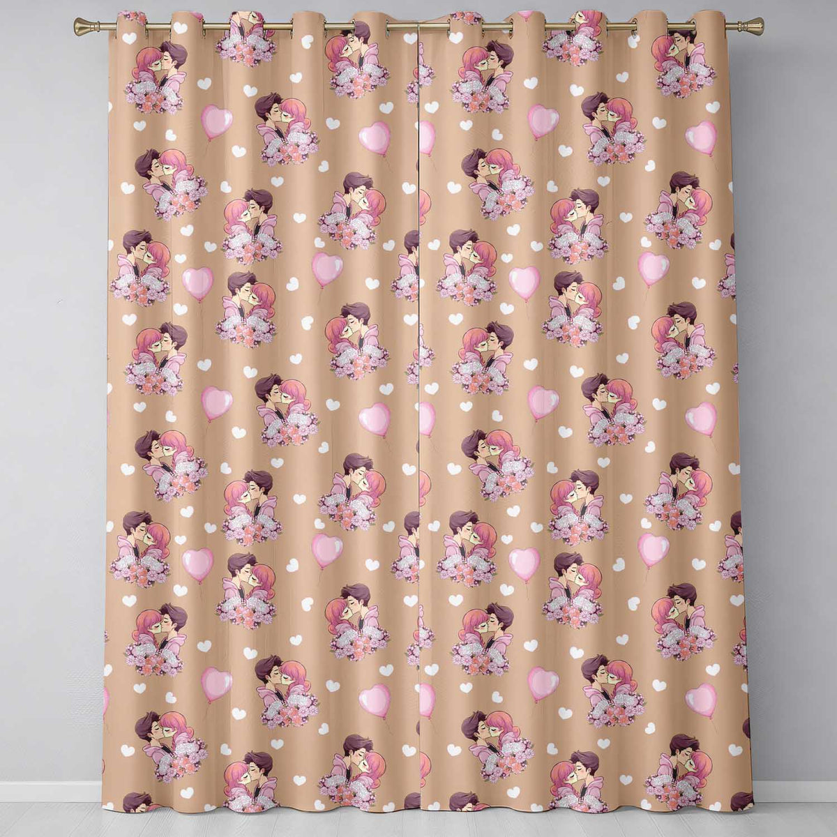 Romantic Couple Kissing Floral Bouquet Hearts Seamless Pattern Peach Background Readymade Eyelet Ring Top Thermal 100% Blackout Curtains