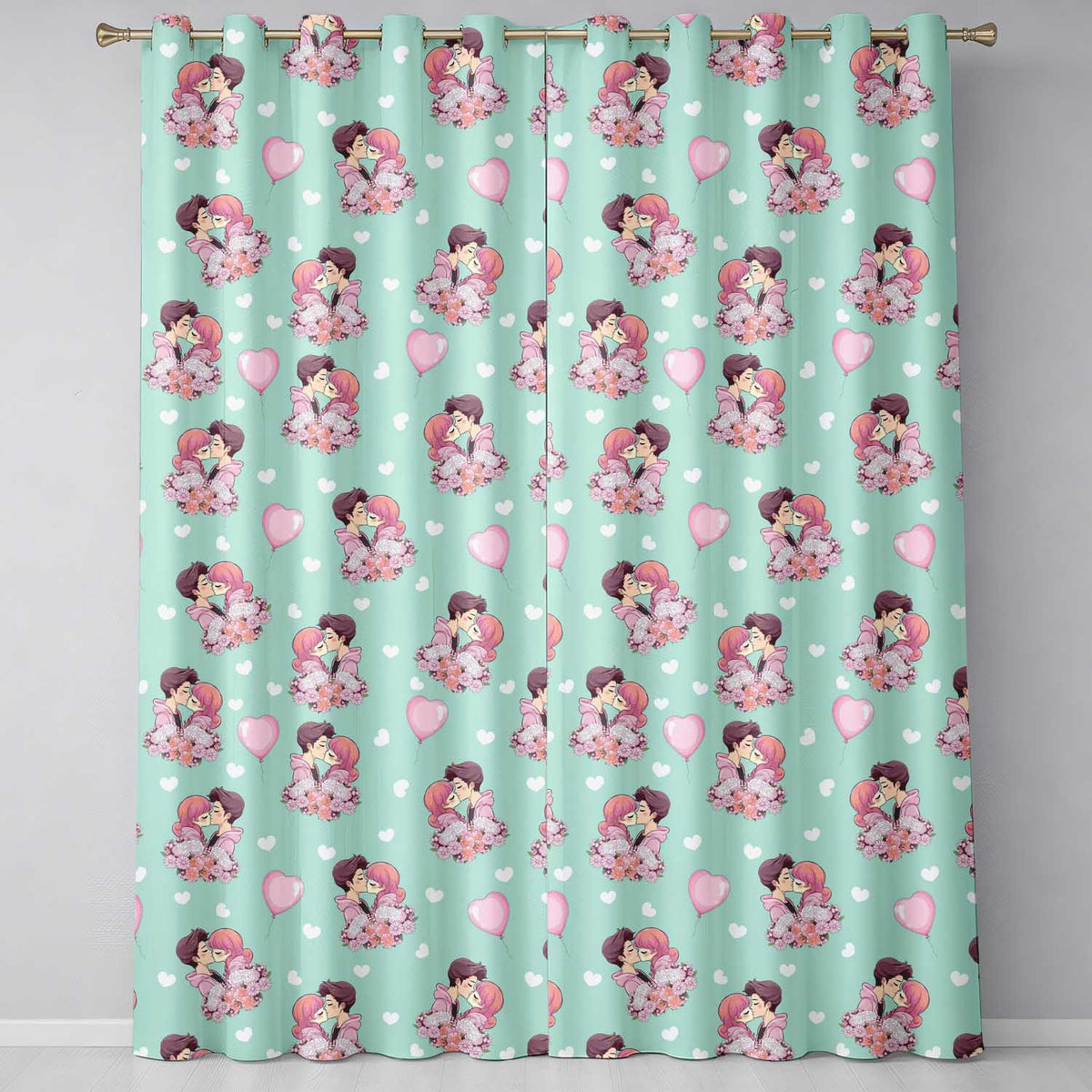 Romantic Couple Kissing Floral Bouquet Hearts Pattern Mint Green Background Readymade Eyelet Ring Top Thermal 100% Blackout Curtains