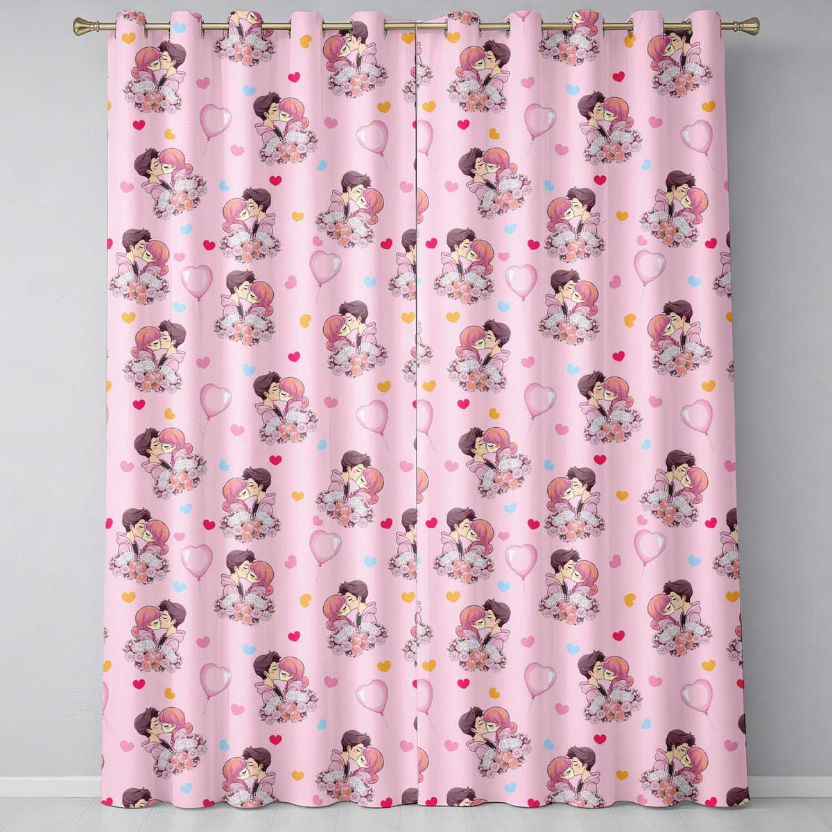 Romantic Couple Kissing Floral Bouquet Hearts Pattern Pink Hearts Background Readymade Eyelet Ring Top Thermal 100% Blackout Curtains