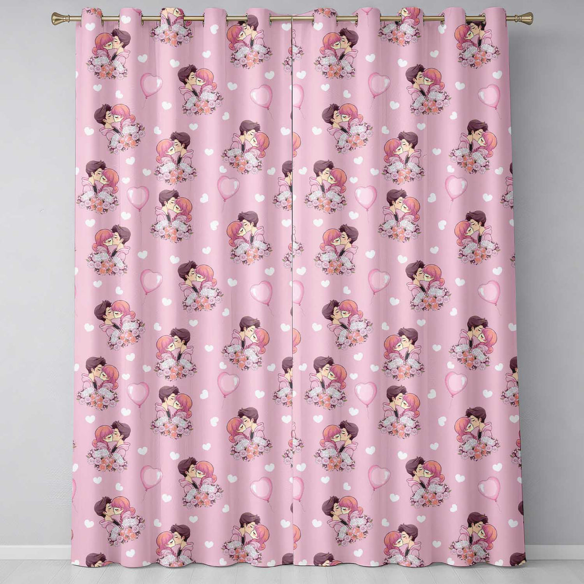 Romantic Couple Kissing Floral Bouquet Hearts Pattern Soft Pink Background Readymade Eyelet Ring Top Thermal 100% Blackout Curtains