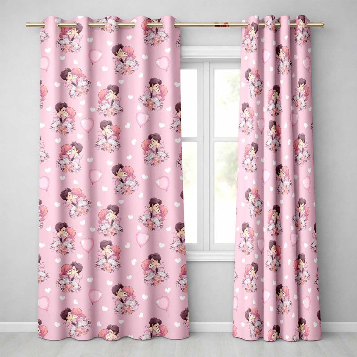 Romantic Couple Kissing Floral Bouquet Hearts Pattern Soft Pink Background Readymade Eyelet Ring Top Thermal 100% Blackout Curtains